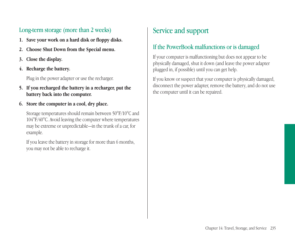 Service and support, Long-term storage (more than 2 weeks), If the powerbook malfunctions or is damaged | Apple Macintosh PowerBook 145B User Manual | Page 247 / 304