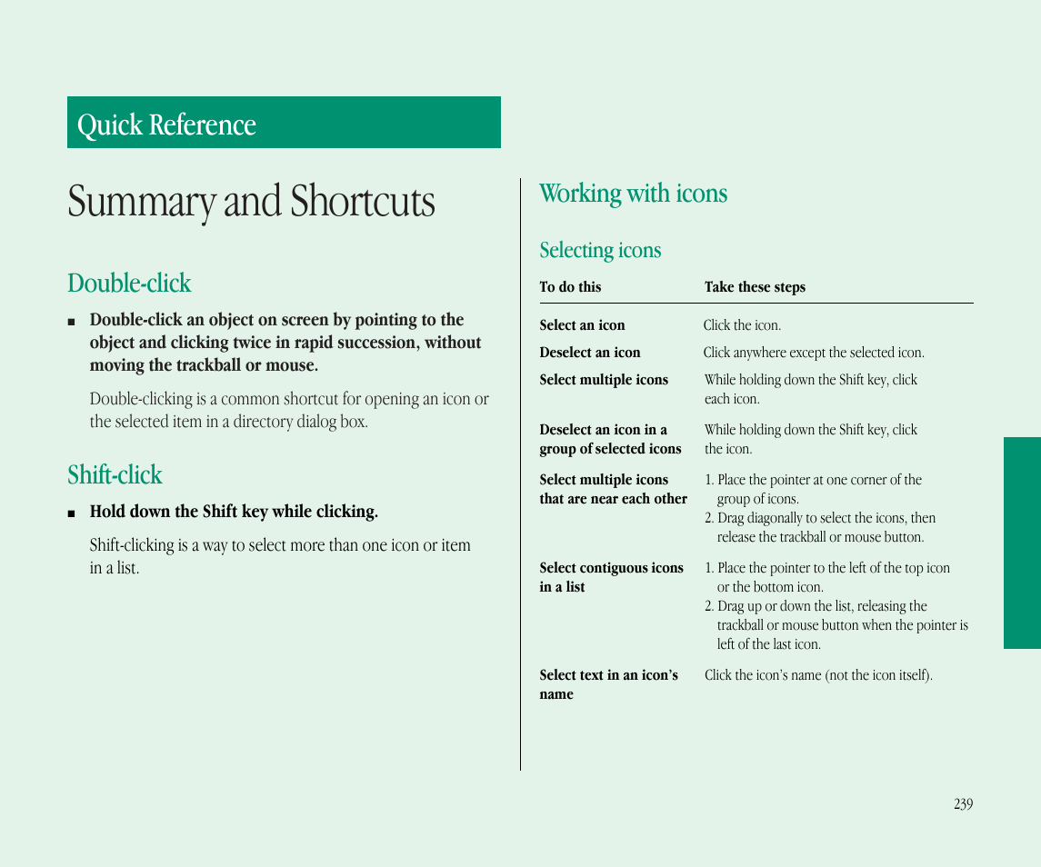 Summary and shortcuts, Quick reference, Double-click | Shift-click, Working with icons, Selecting icons | Apple Macintosh PowerBook 145B User Manual | Page 251 / 304