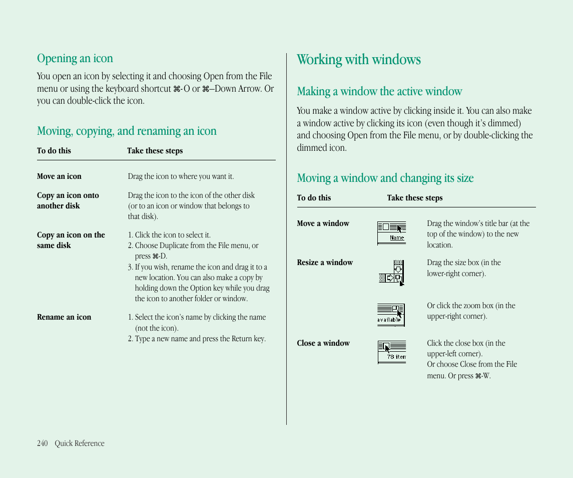 Working with windows, Opening an icon, Moving, copying, and renaming an icon | Making a window the active window, Moving a window and changing its size | Apple Macintosh PowerBook 145B User Manual | Page 252 / 304