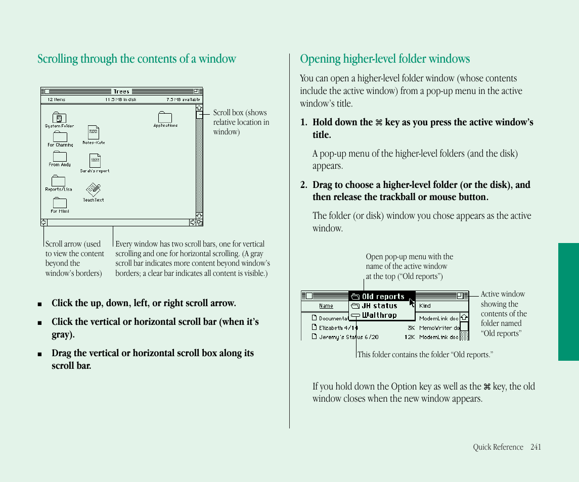 Scrolling through the contents of a window, Opening higher-level folder windows | Apple Macintosh PowerBook 145B User Manual | Page 253 / 304