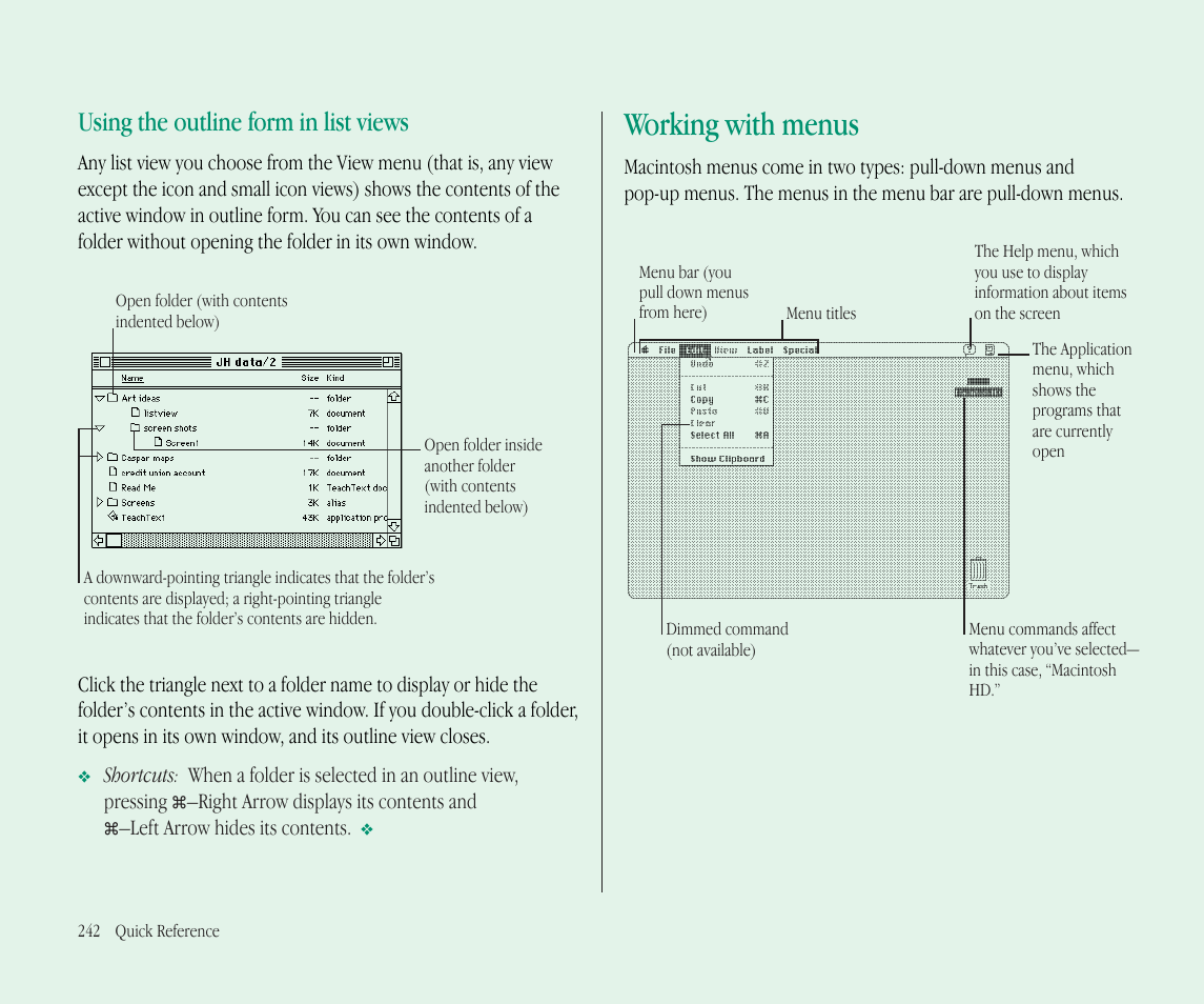 Working with menus, Using the outline form in list views | Apple Macintosh PowerBook 145B User Manual | Page 254 / 304