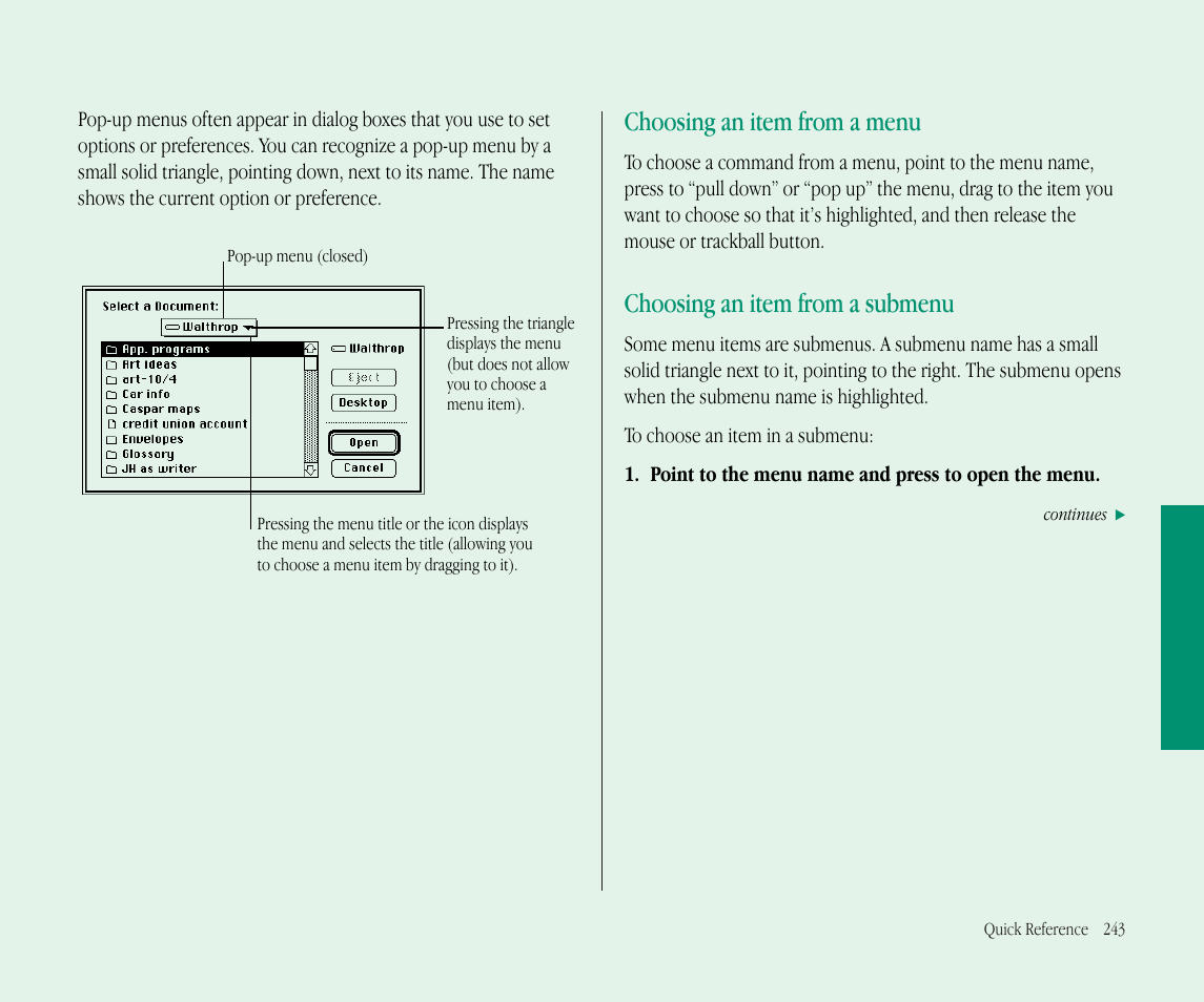 Choosing an item from a menu, Choosing an item from a submenu | Apple Macintosh PowerBook 145B User Manual | Page 255 / 304