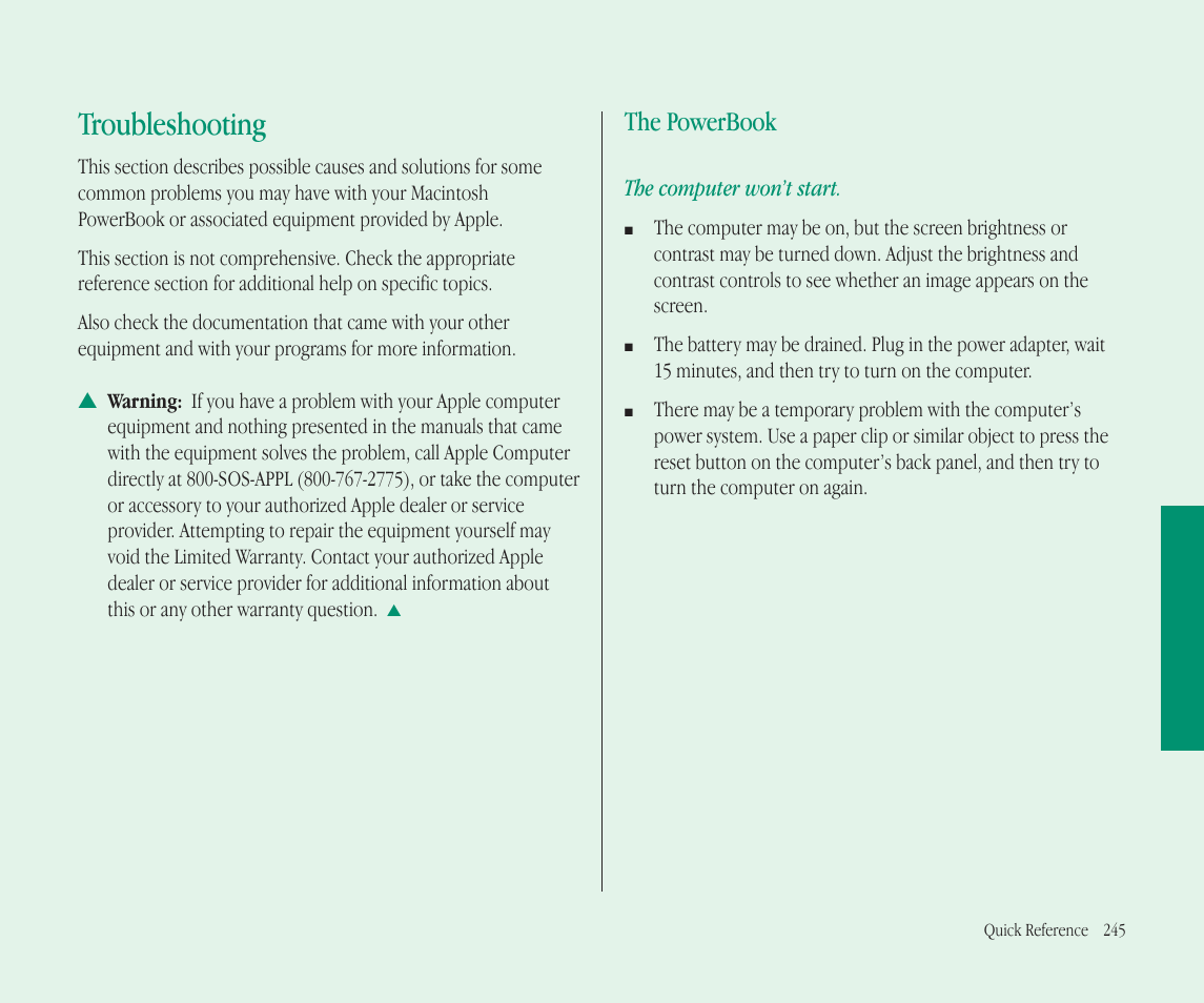 Troubleshooting, The powerbook | Apple Macintosh PowerBook 145B User Manual | Page 257 / 304