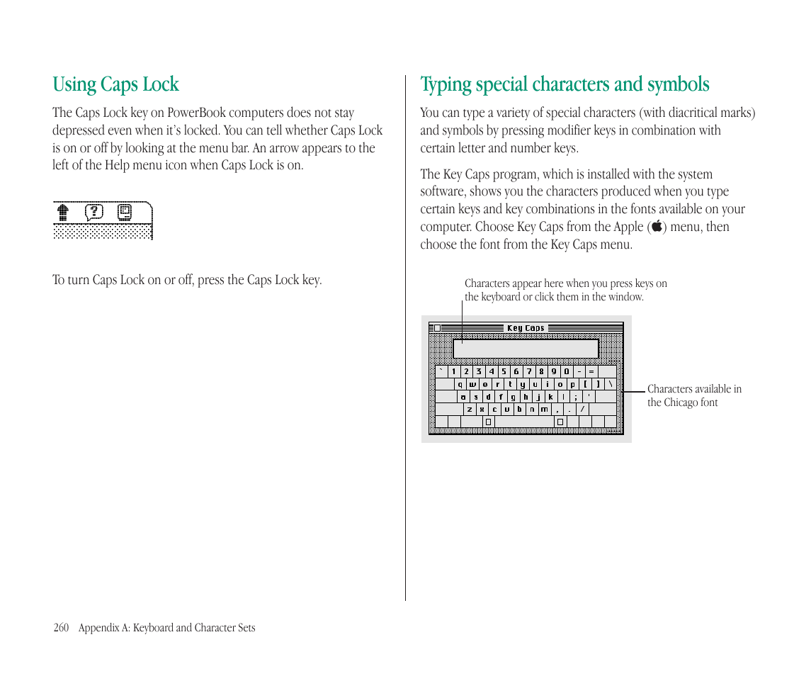 Using caps lock, Typing special characters and symbols | Apple Macintosh PowerBook 145B User Manual | Page 272 / 304