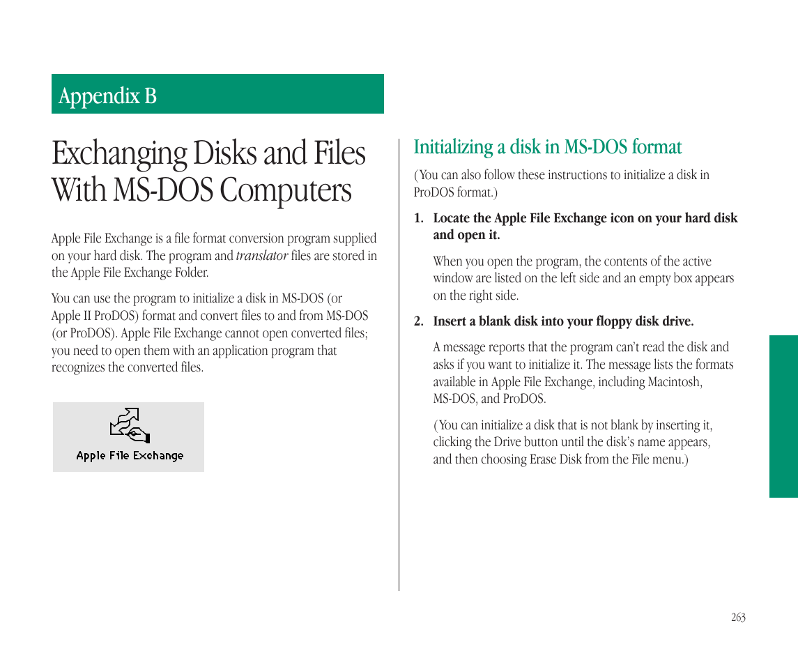 Exchanging disks and files with ms-dos computers, Appendix b, Initializing a disk in ms-dos format | Apple Macintosh PowerBook 145B User Manual | Page 274 / 304