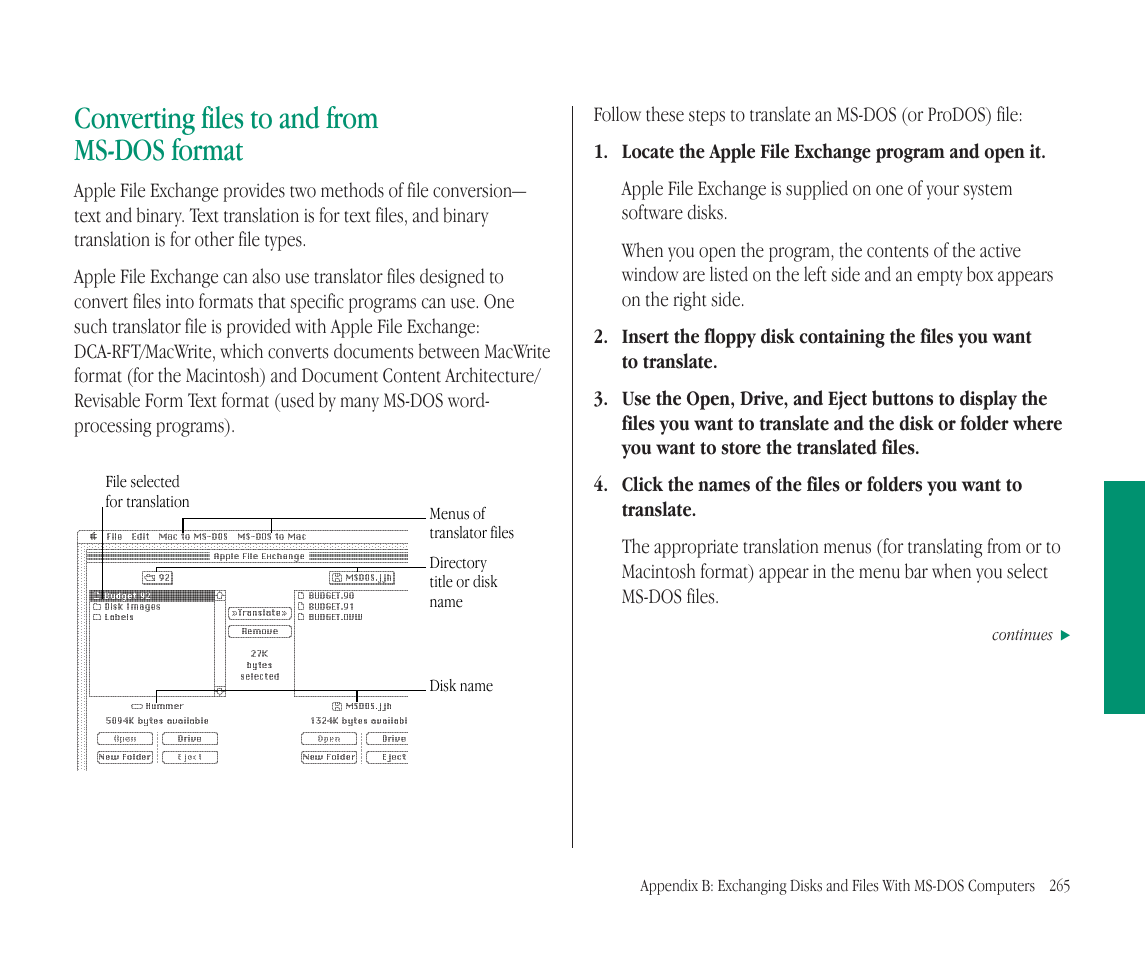 Converting files to and from ms-dos format | Apple Macintosh PowerBook 145B User Manual | Page 276 / 304