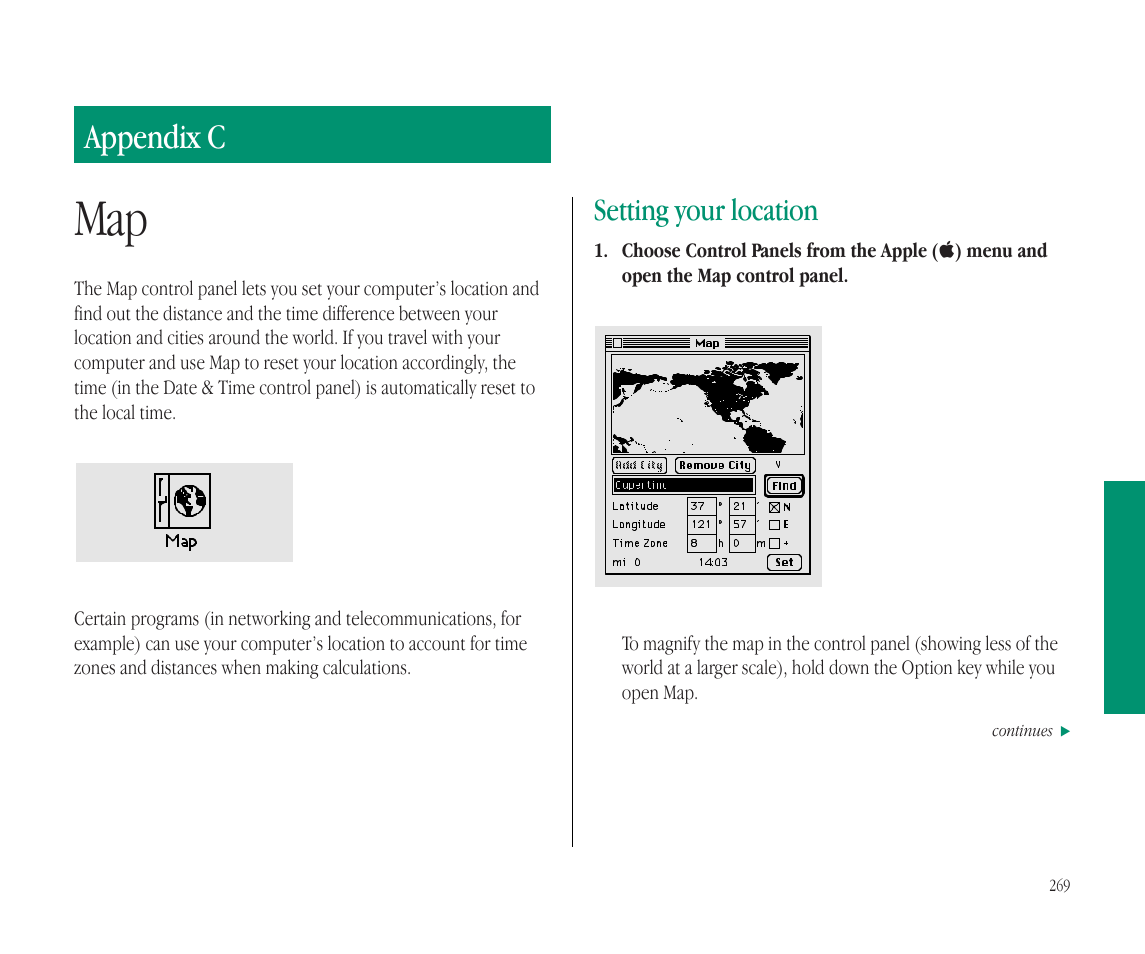 Appendix c, Setting your location | Apple Macintosh PowerBook 145B User Manual | Page 279 / 304