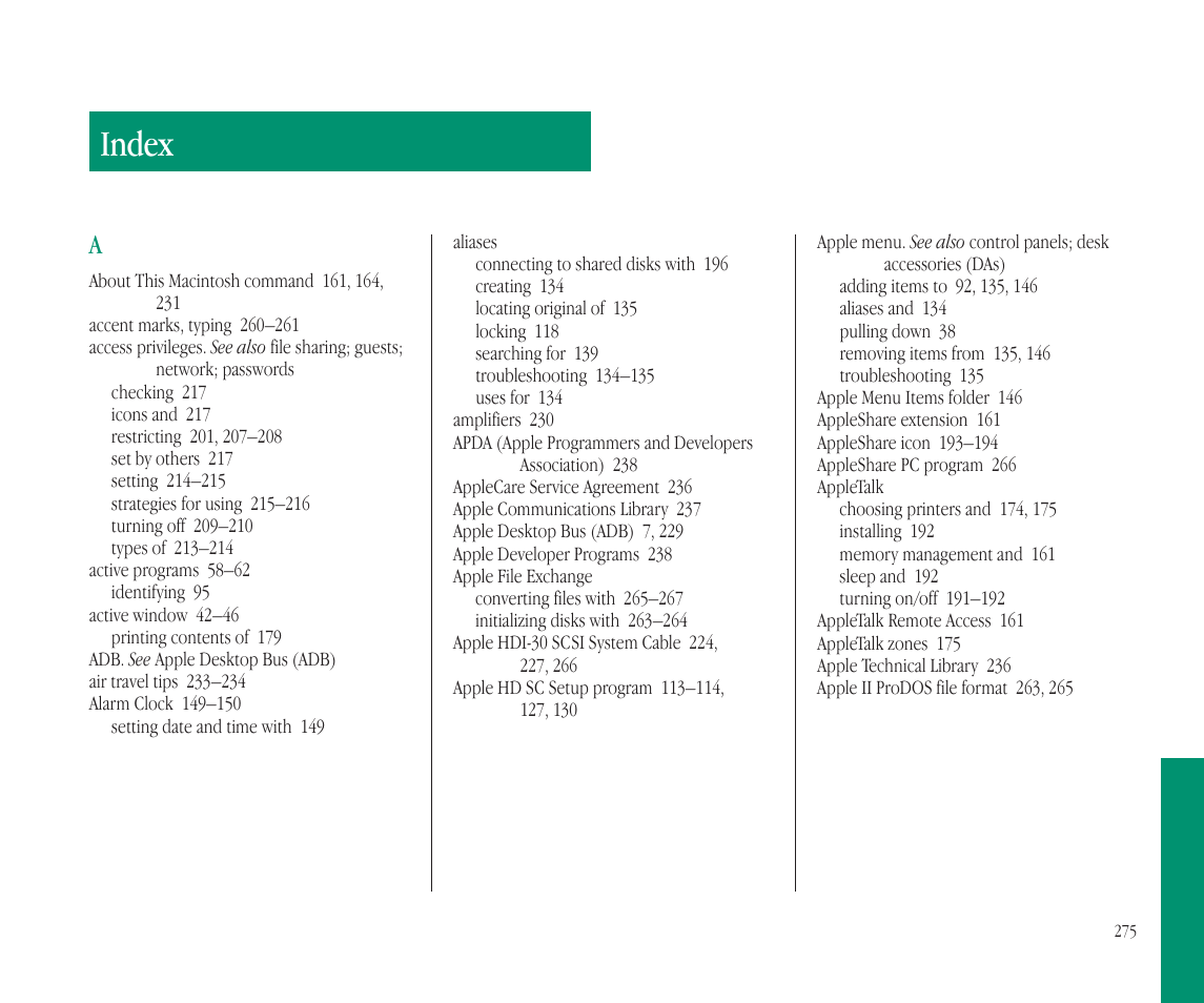 Index | Apple Macintosh PowerBook 145B User Manual | Page 284 / 304