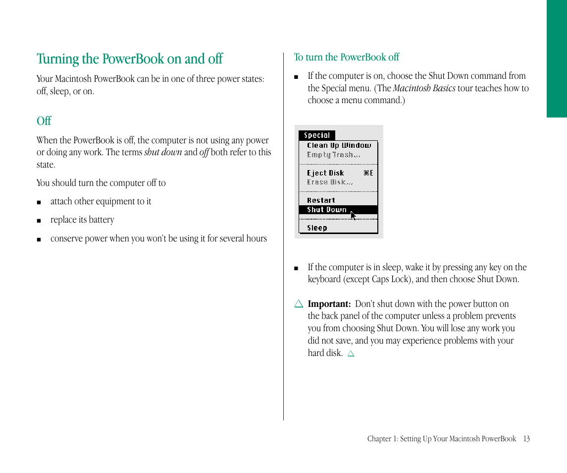 Turning the powerbook on and off | Apple Macintosh PowerBook 145B User Manual | Page 29 / 304