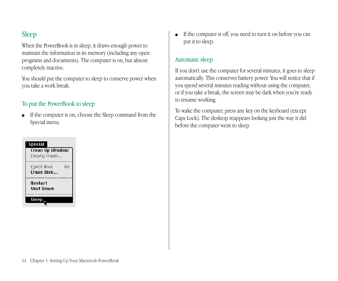 Sleep | Apple Macintosh PowerBook 145B User Manual | Page 30 / 304