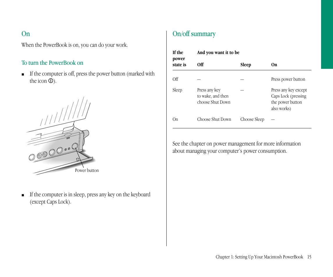 On/off summary | Apple Macintosh PowerBook 145B User Manual | Page 31 / 304