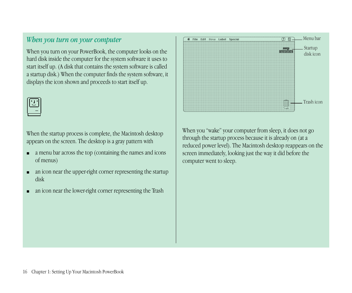 When you turn on your computer | Apple Macintosh PowerBook 145B User Manual | Page 32 / 304