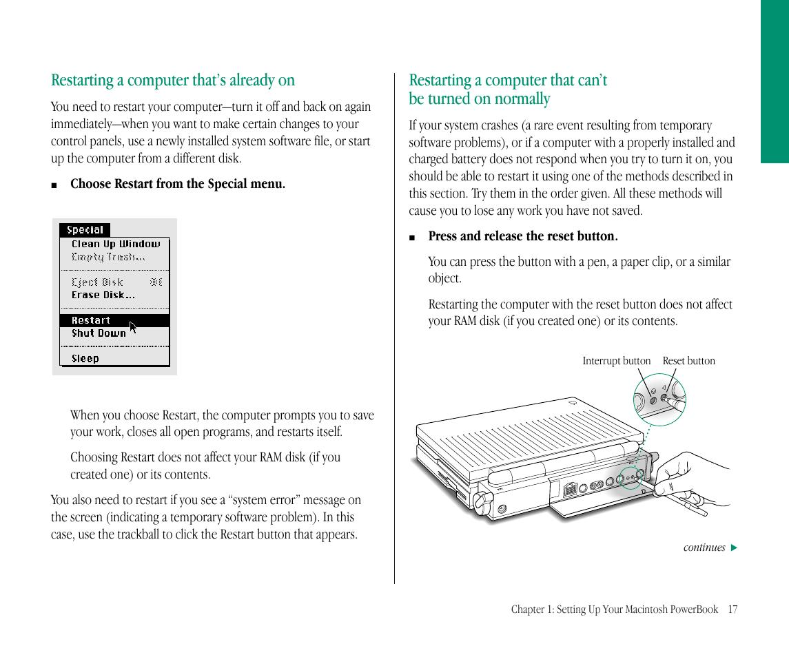 Restarting a computer that’s already on | Apple Macintosh PowerBook 145B User Manual | Page 33 / 304