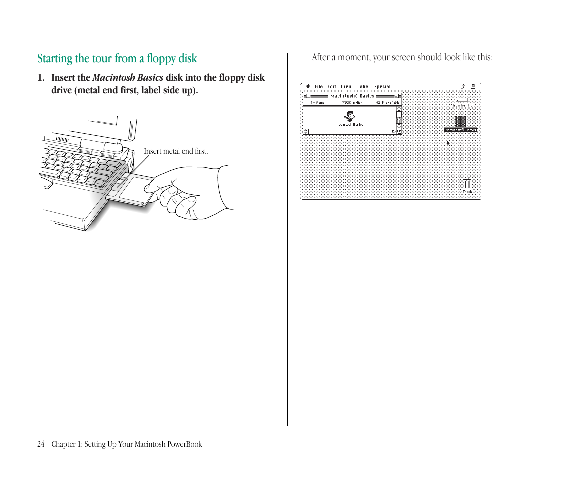 Starting the tour from a floppy disk | Apple Macintosh PowerBook 145B User Manual | Page 40 / 304