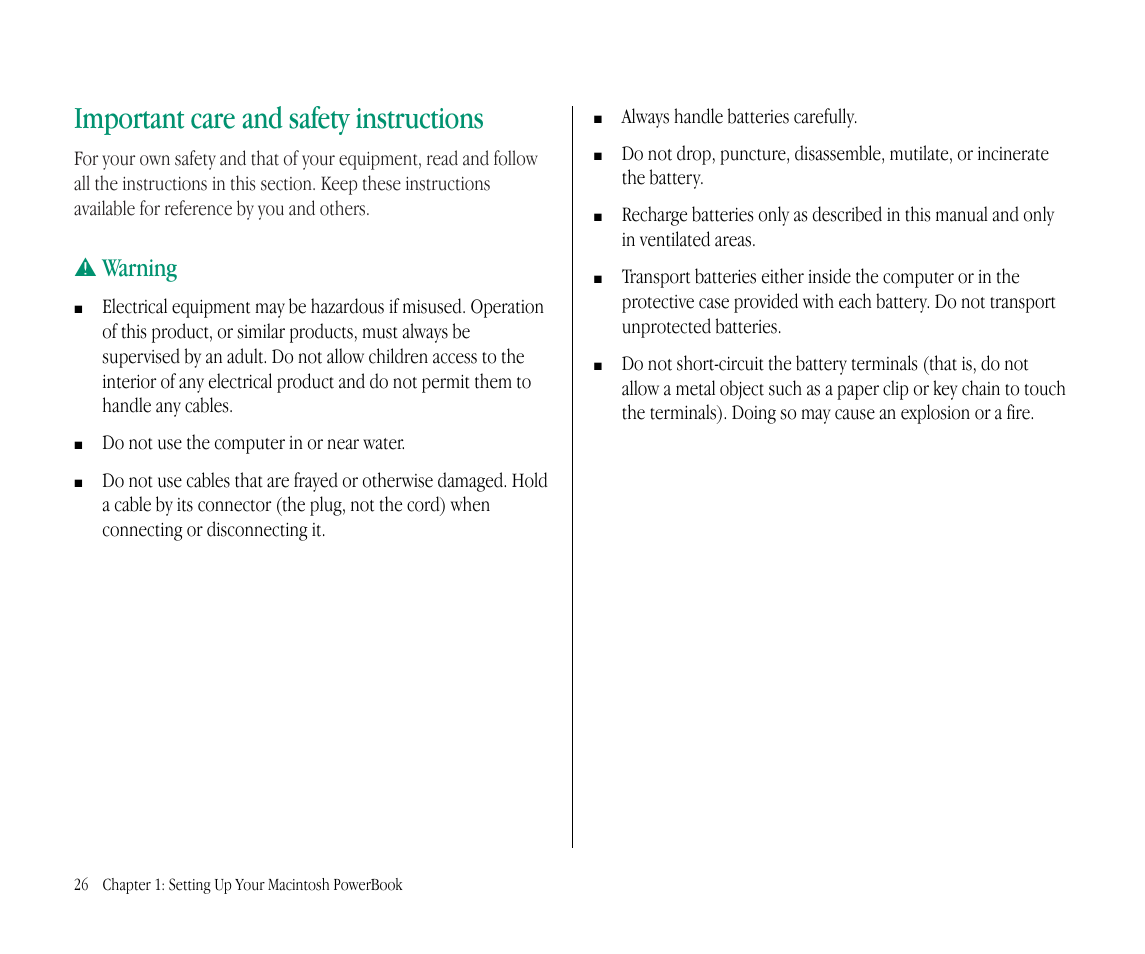 Important care and safety instructions, Warning | Apple Macintosh PowerBook 145B User Manual | Page 42 / 304