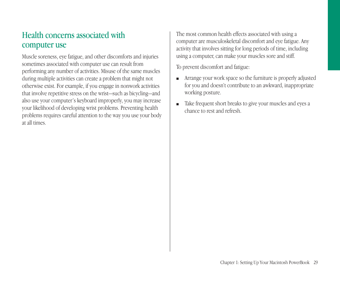 Health concerns associated with computer use | Apple Macintosh PowerBook 145B User Manual | Page 45 / 304