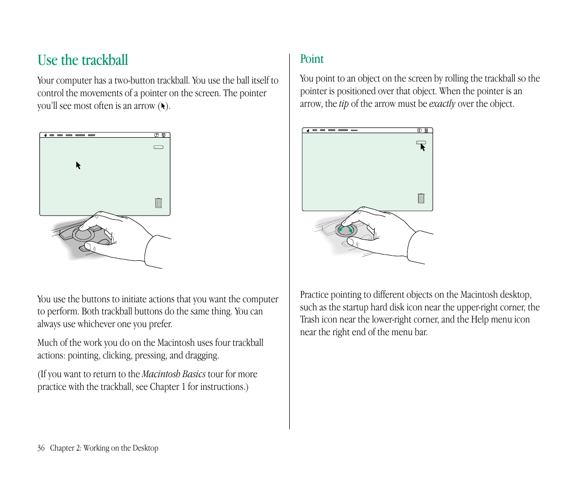 Use the trackball, Point | Apple Macintosh PowerBook 145B User Manual | Page 52 / 304