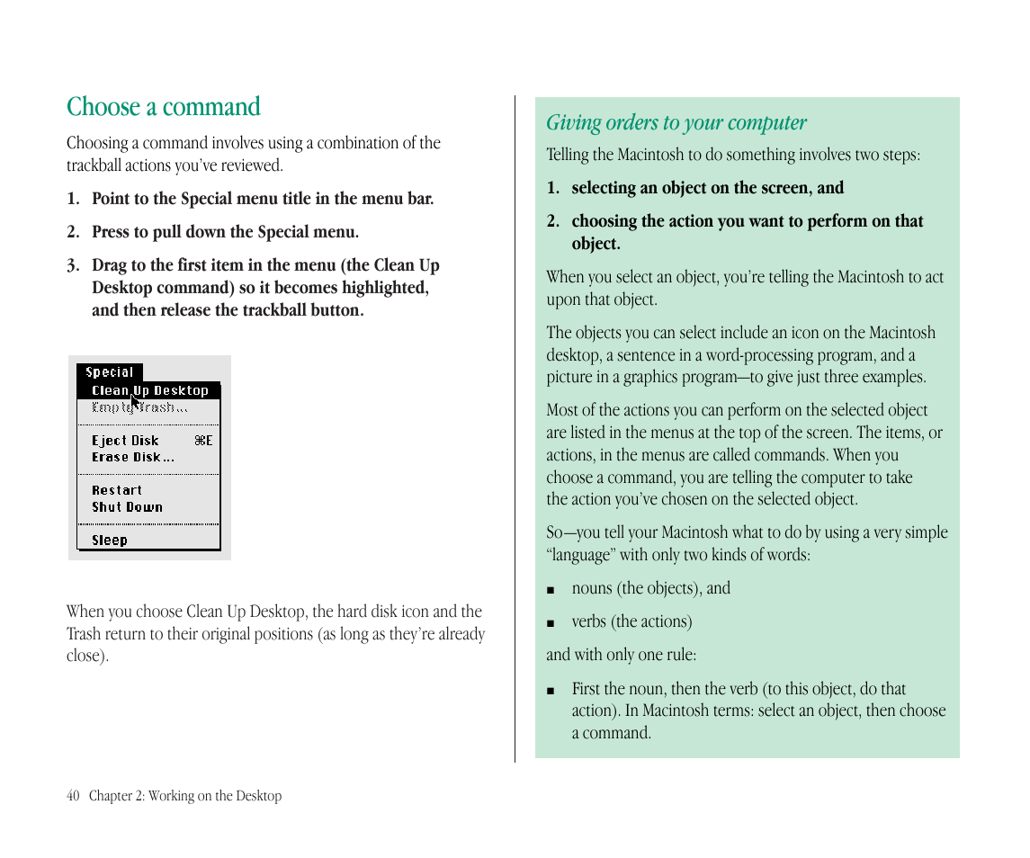 Choose a command, Giving orders to your computer | Apple Macintosh PowerBook 145B User Manual | Page 56 / 304