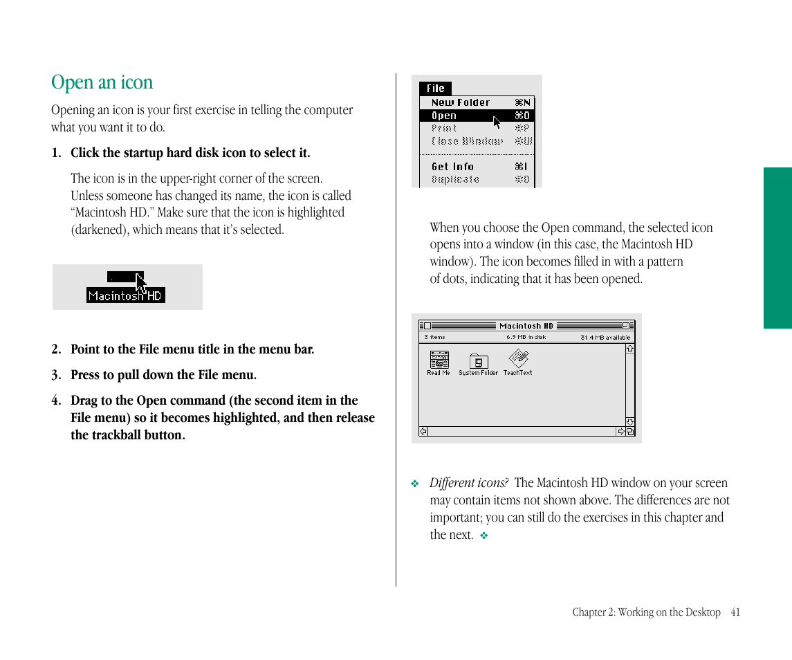 Open an icon | Apple Macintosh PowerBook 145B User Manual | Page 57 / 304