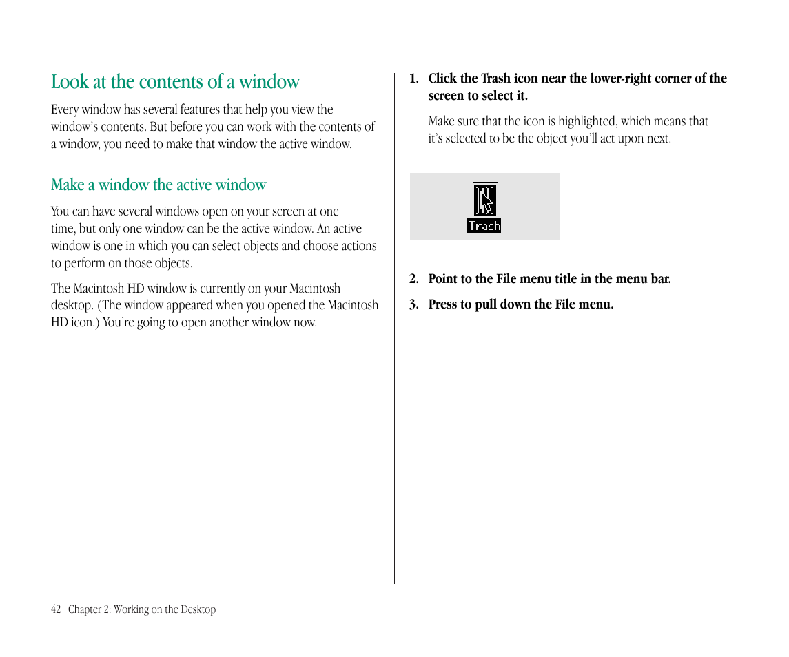 Look at the contents of a window, Make a window the active window | Apple Macintosh PowerBook 145B User Manual | Page 58 / 304