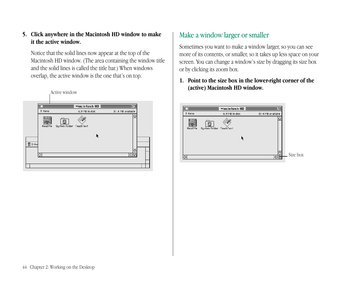 Make a window larger or smaller | Apple Macintosh PowerBook 145B User Manual | Page 60 / 304