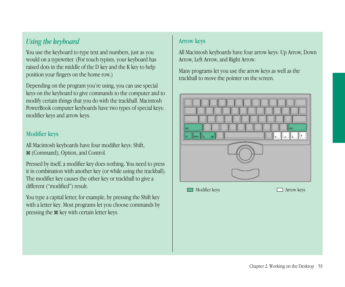 Using the keyboard, Modifier keys, Arrow keys | Apple Macintosh PowerBook 145B User Manual | Page 69 / 304