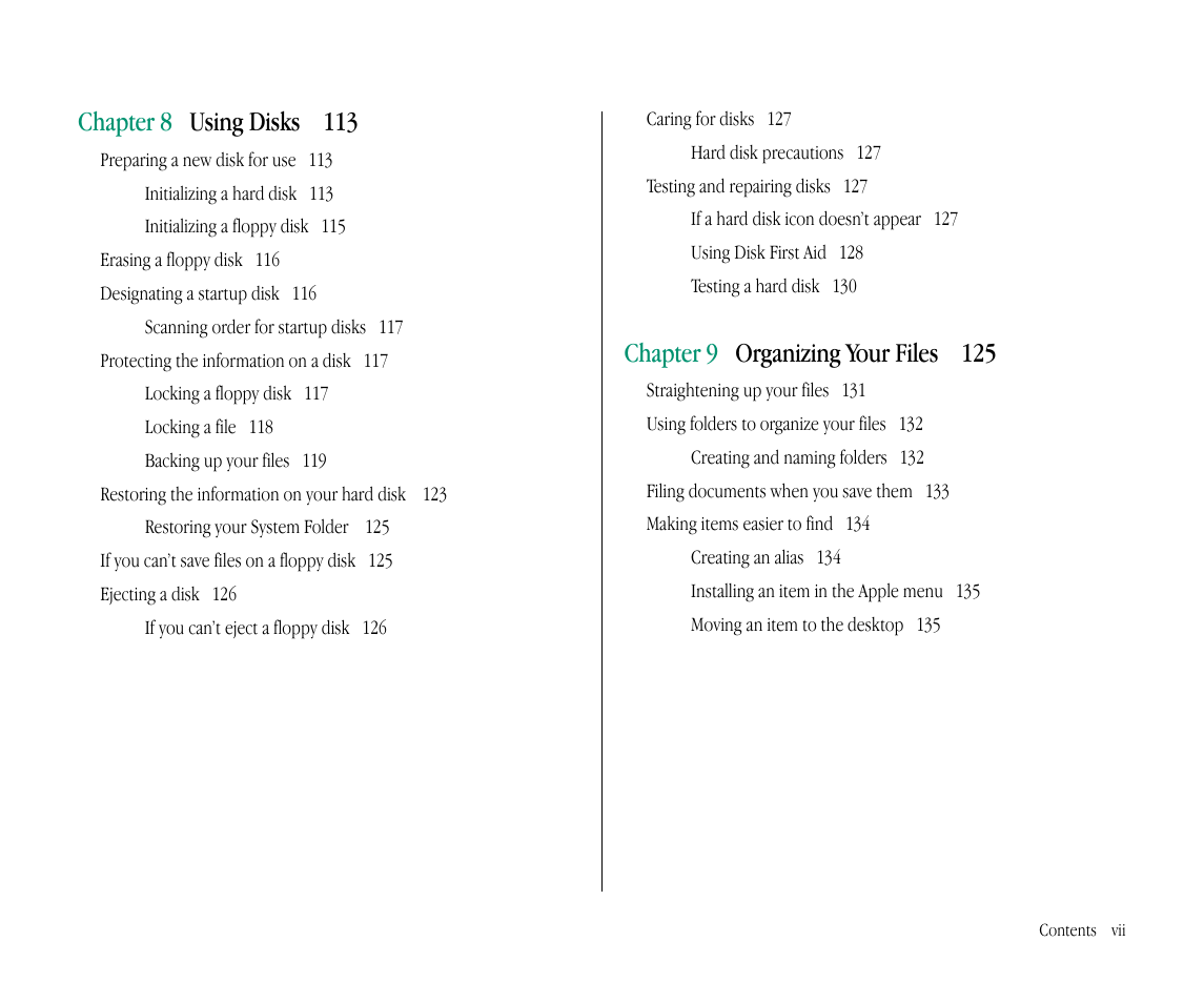 Chapter 8 using disks 113, Chapter 9 organizing your files 125 | Apple Macintosh PowerBook 145B User Manual | Page 7 / 304