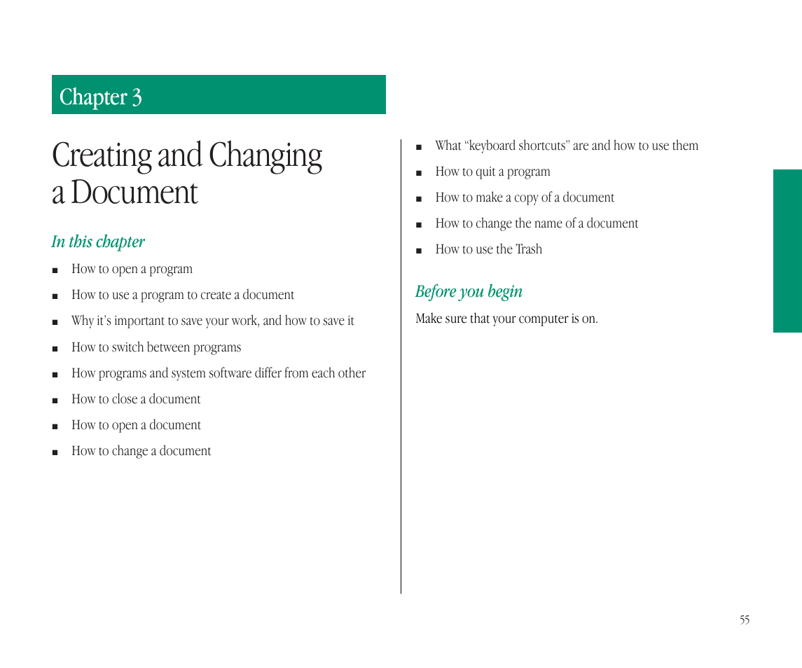 Creating and changing a document, Chapter 3, Before you begin | Apple Macintosh PowerBook 145B User Manual | Page 71 / 304