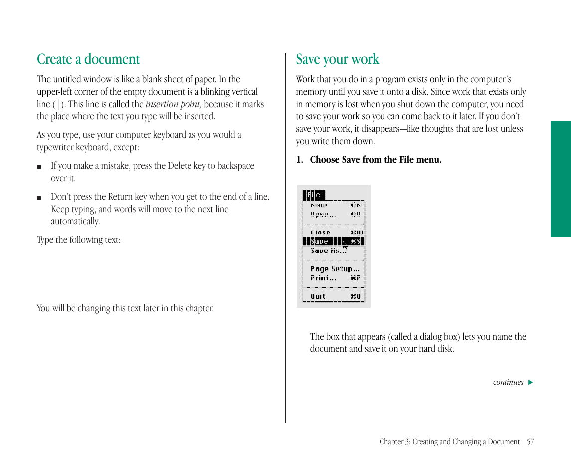 Create a document, Save your work | Apple Macintosh PowerBook 145B User Manual | Page 73 / 304