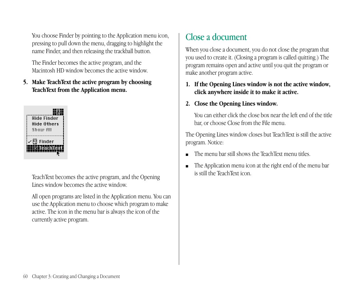 Close a document | Apple Macintosh PowerBook 145B User Manual | Page 76 / 304