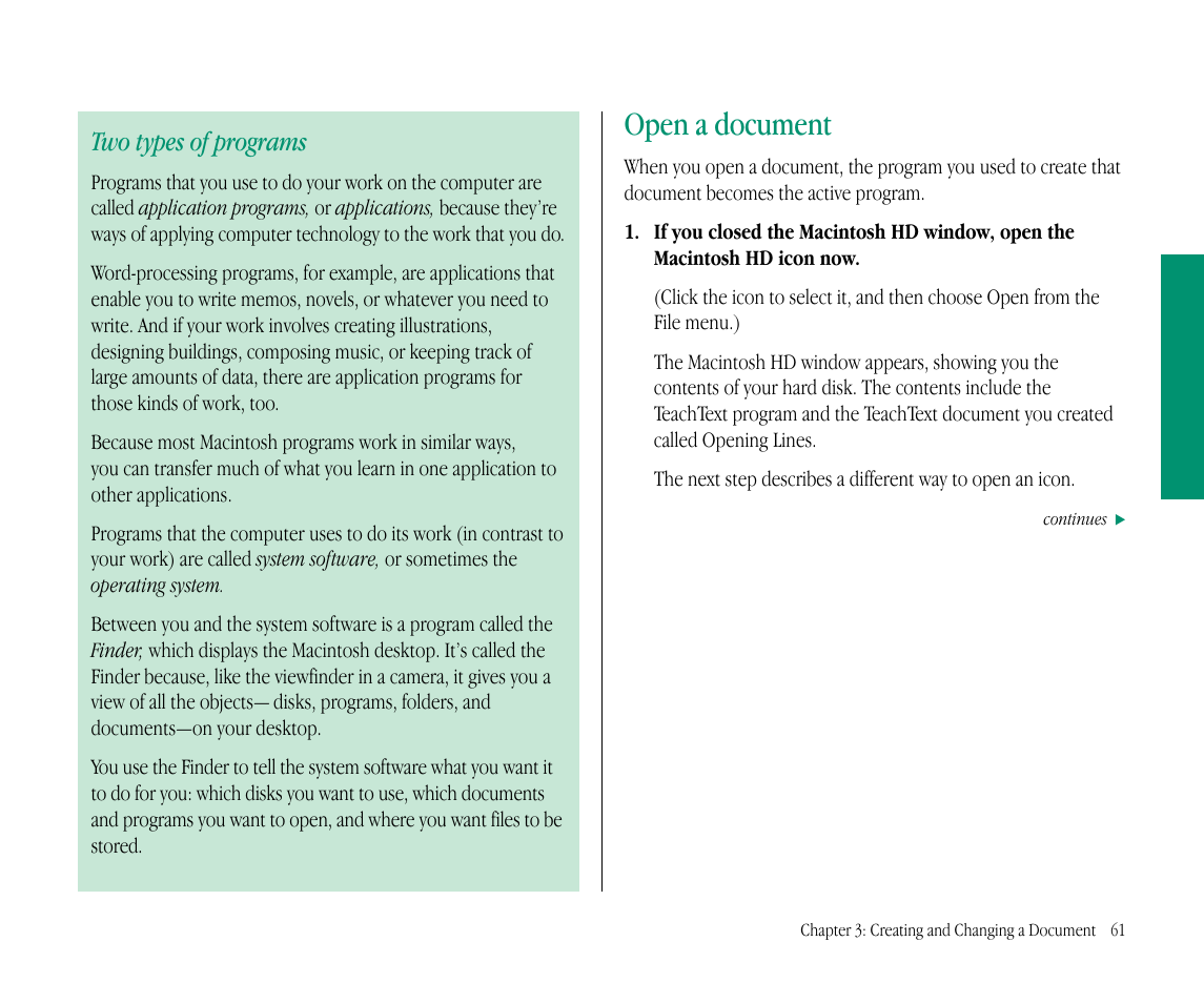 Open a document, Two types of programs | Apple Macintosh PowerBook 145B User Manual | Page 77 / 304