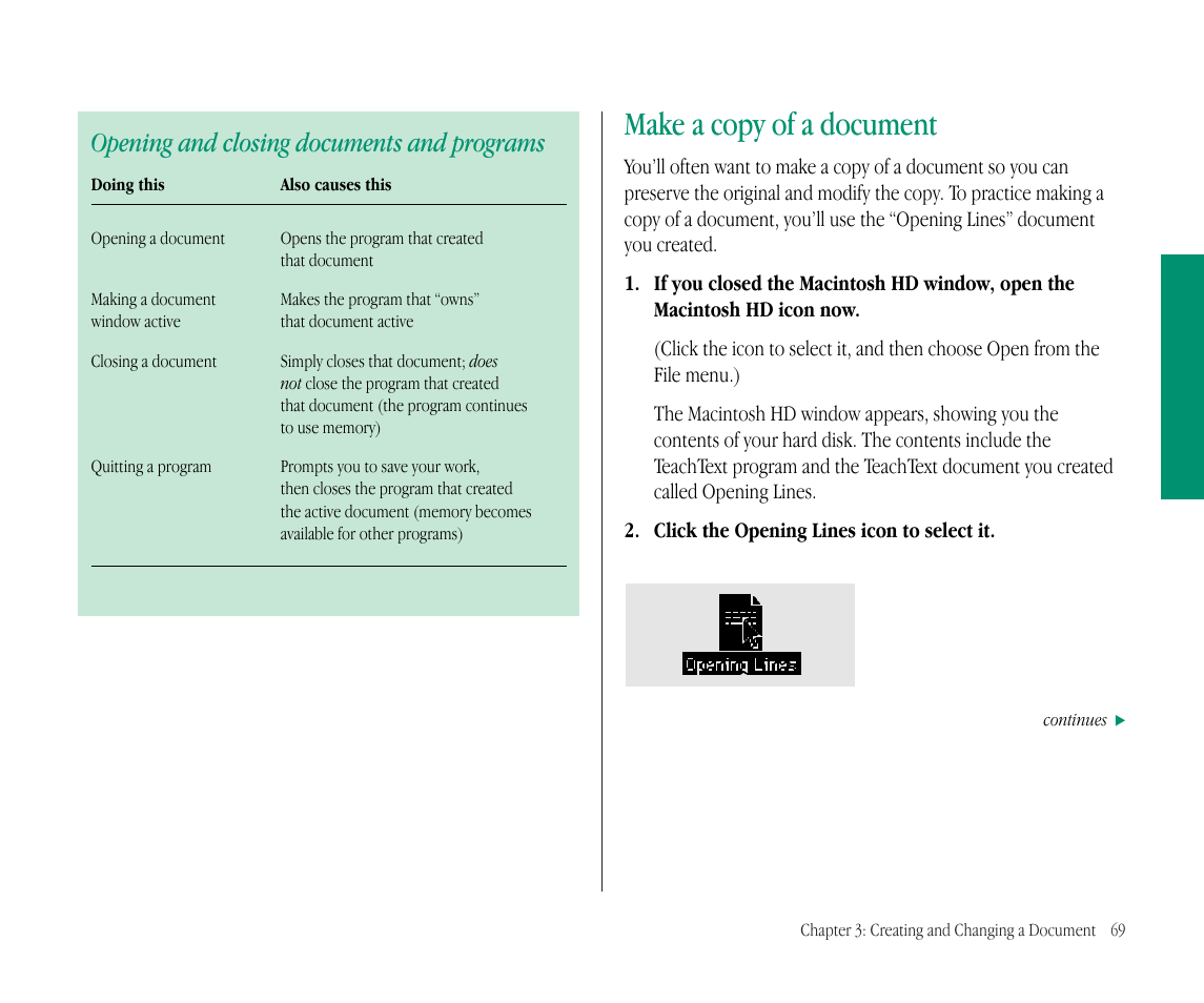 Make a copy of a document, Opening and closing documents and programs | Apple Macintosh PowerBook 145B User Manual | Page 85 / 304