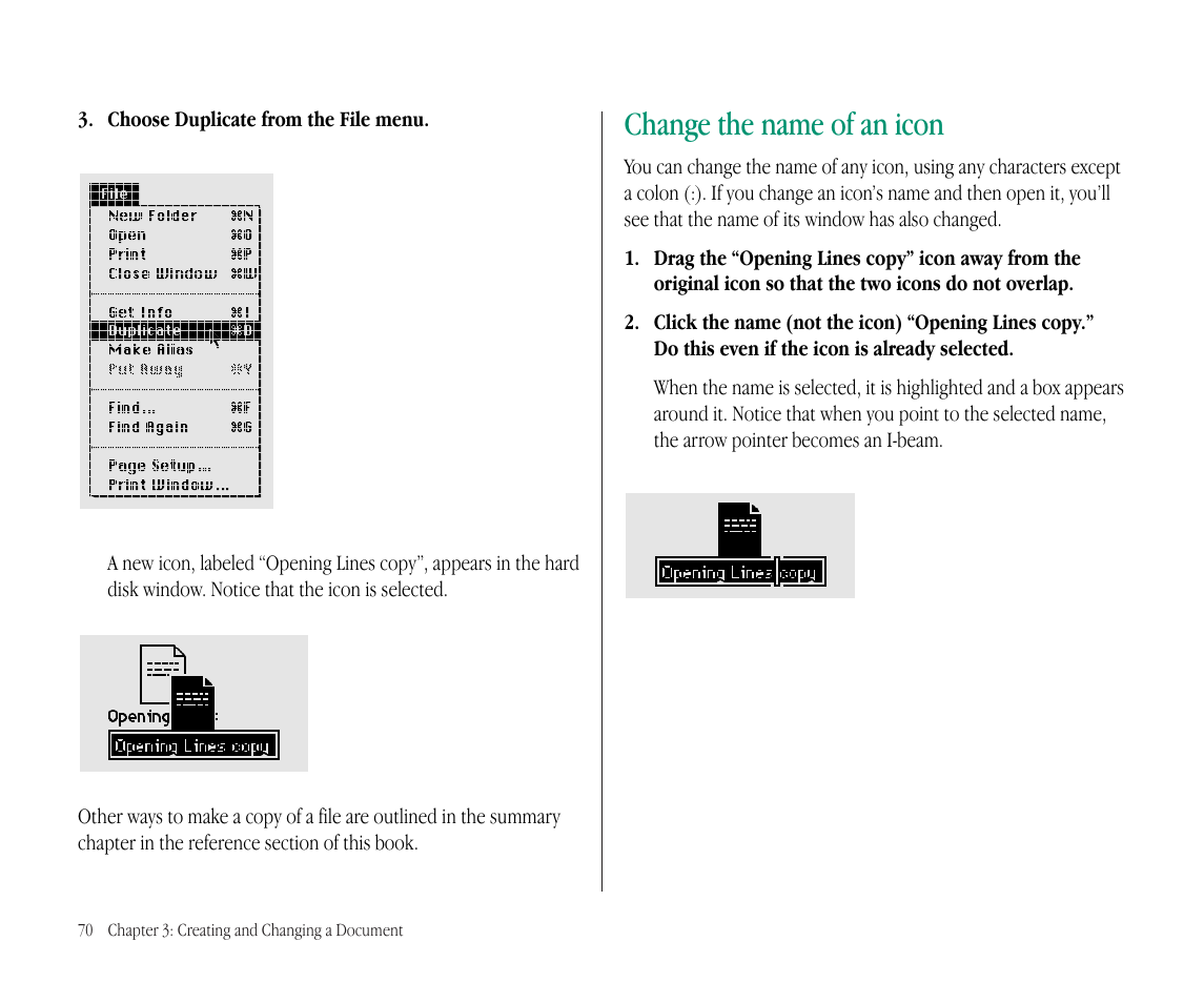 Change the name of an icon | Apple Macintosh PowerBook 145B User Manual | Page 86 / 304