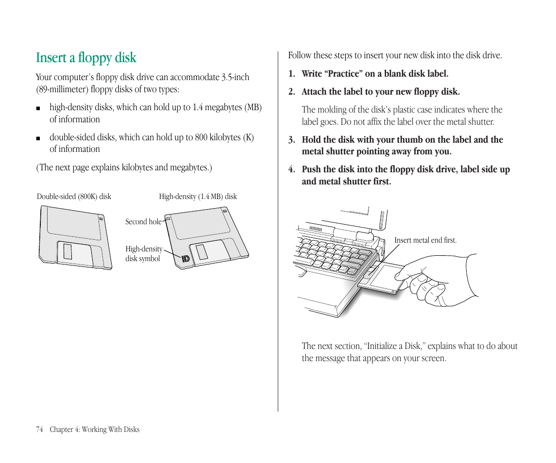 Insert a floppy disk | Apple Macintosh PowerBook 145B User Manual | Page 90 / 304