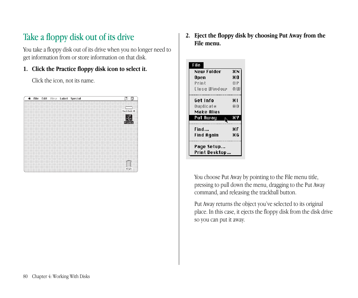 Take a floppy disk out of its drive | Apple Macintosh PowerBook 145B User Manual | Page 96 / 304