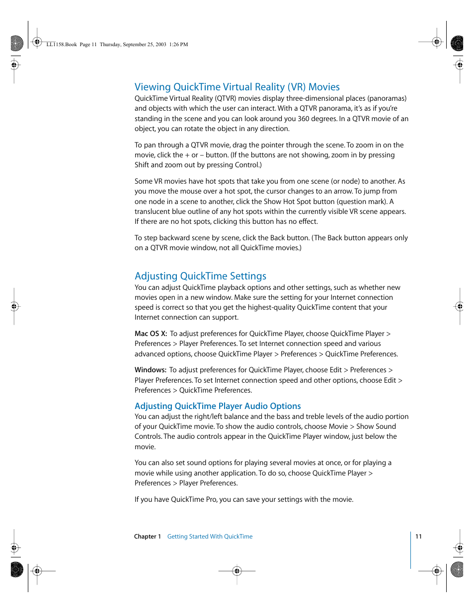 Viewing quicktime virtual reality (vr) movies, Adjusting quicktime settings, Adjusting quicktime player audio options | Apple QuickTime 6.4 User Manual | Page 11 / 50