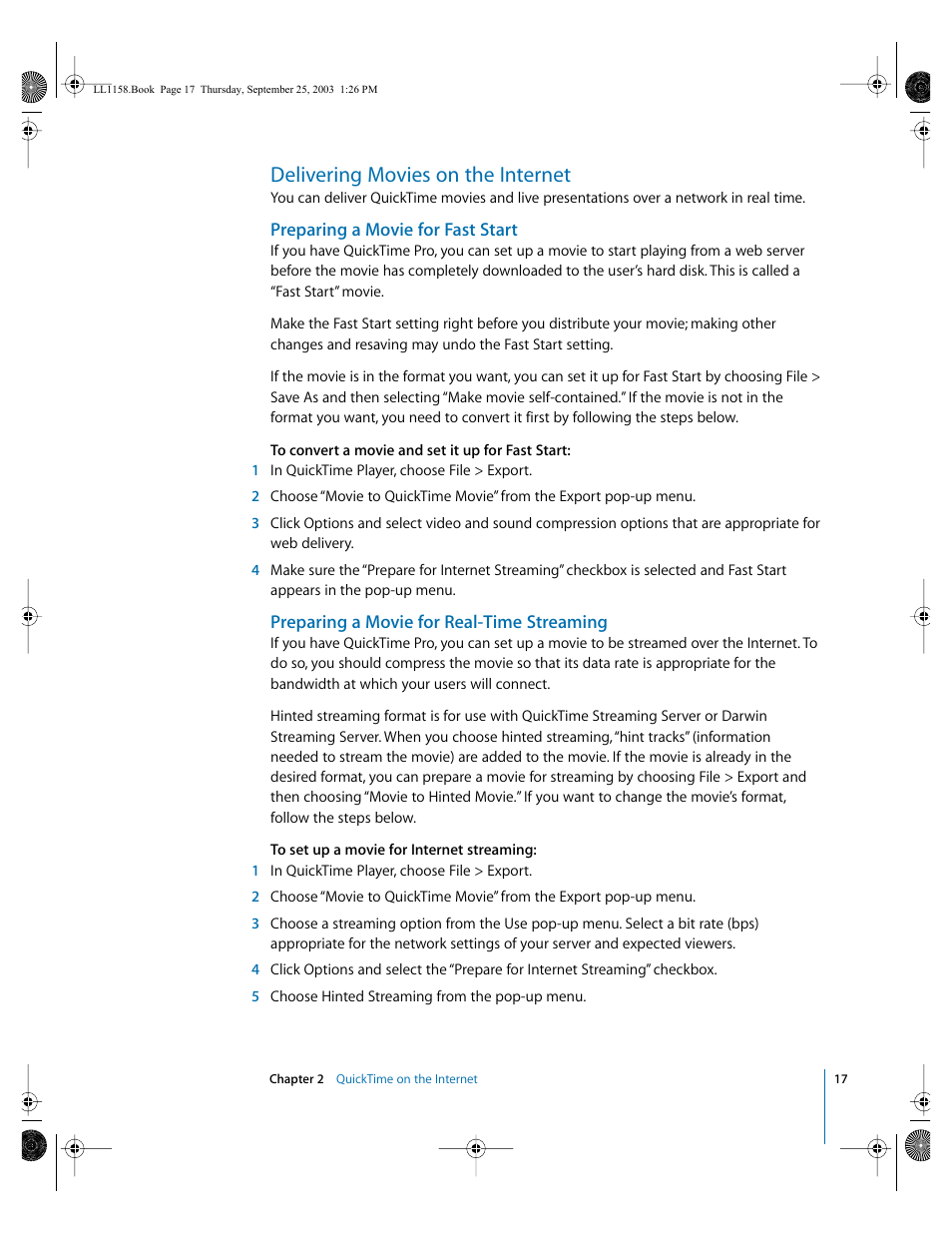 Delivering movies on the internet, Preparing a movie for fast start, Preparing a movie for real-time streaming | Apple QuickTime 6.4 User Manual | Page 17 / 50