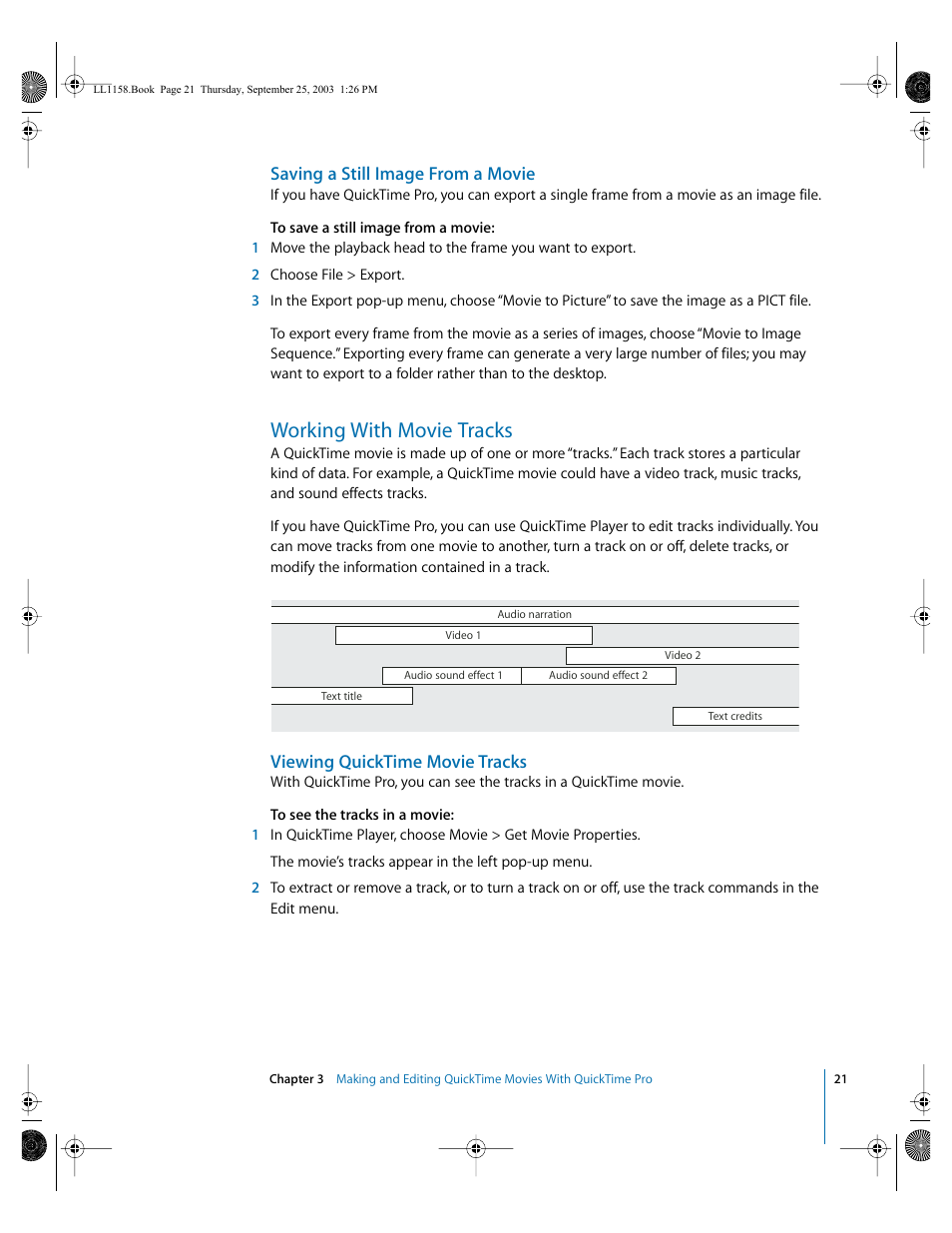 Saving a still image from a movie, Working with movie tracks, Viewing quicktime movie tracks | Apple QuickTime 6.4 User Manual | Page 21 / 50