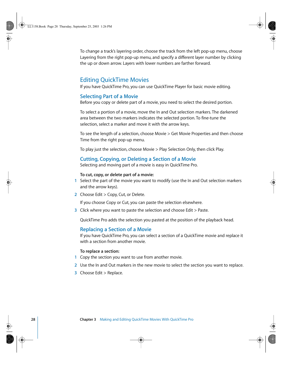 Editing quicktime movies, Selecting part of a movie, Cutting, copying, or deleting a section of a movie | Replacing a section of a movie | Apple QuickTime 6.4 User Manual | Page 28 / 50