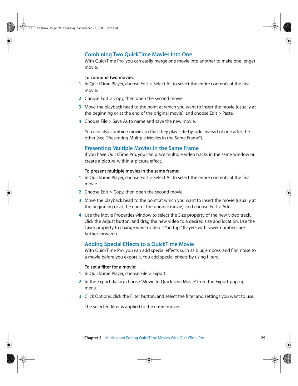 Combining two quicktime movies into one, Presenting multiple movies in the same frame, Adding special effects to a quicktime movie | Apple QuickTime 6.4 User Manual | Page 29 / 50