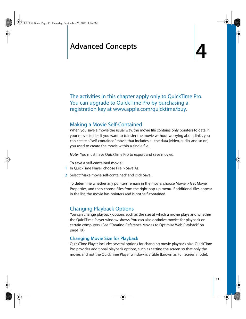 Advanced concepts, Making a movie self-contained, Changing playback options | Changing movie size for playback, Chapter | Apple QuickTime 6.4 User Manual | Page 33 / 50