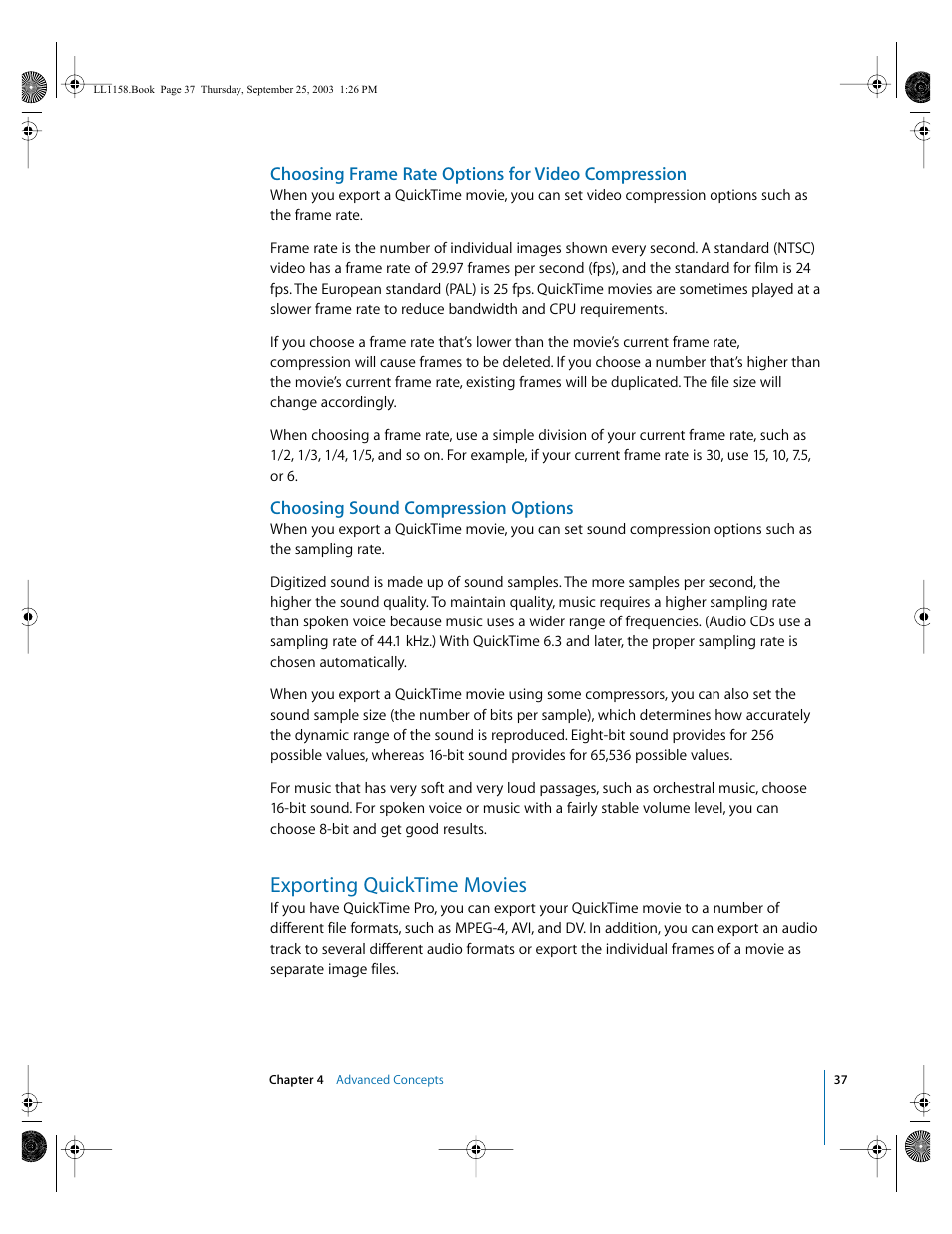 Choosing frame rate options for video compression, Choosing sound compression options, Exporting quicktime movies | Apple QuickTime 6.4 User Manual | Page 37 / 50