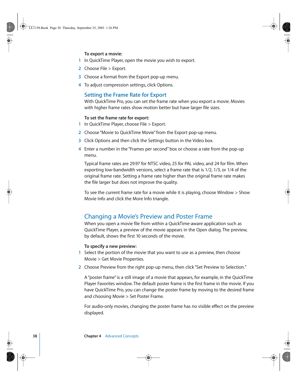 Setting the frame rate for export, Changing a movie’s preview and poster frame | Apple QuickTime 6.4 User Manual | Page 38 / 50