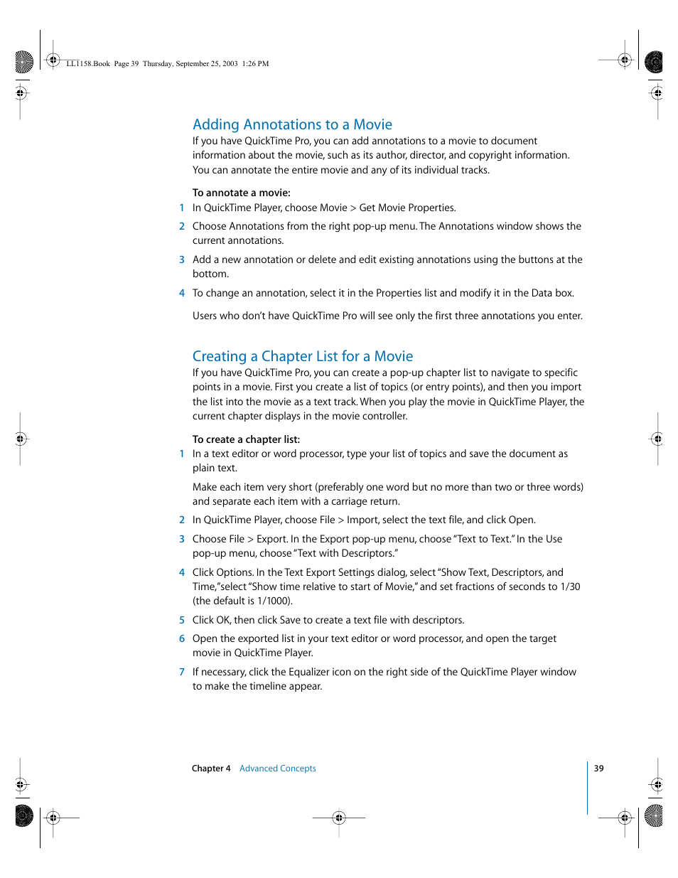 Adding annotations to a movie, Creating a chapter list for a movie | Apple QuickTime 6.4 User Manual | Page 39 / 50