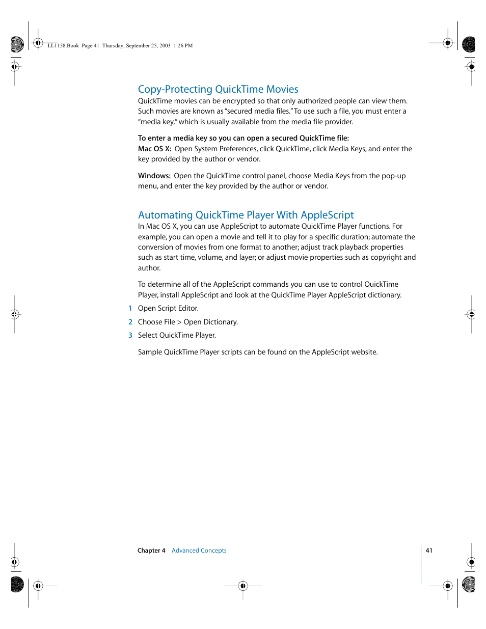Copy-protecting quicktime movies, Automating quicktime player with applescript | Apple QuickTime 6.4 User Manual | Page 41 / 50