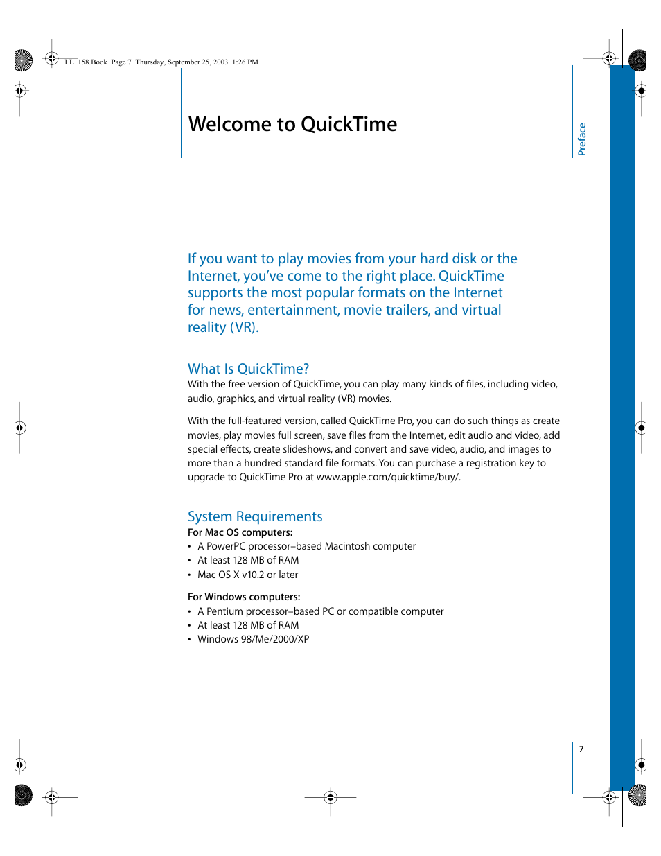 Welcome to quicktime, What is quicktime, System requirements | Preface | Apple QuickTime 6.4 User Manual | Page 7 / 50