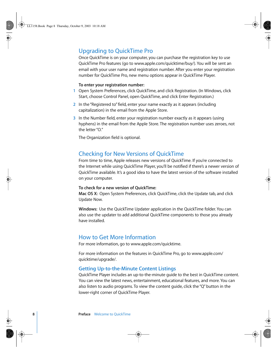 Upgrading to quicktime pro, Checking for new versions of quicktime, How to get more information | Getting up-to-the-minute content listings | Apple QuickTime 6.4 User Manual | Page 8 / 50