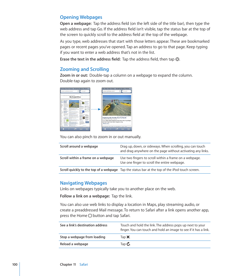 Opening webpages, Zooming and scrolling, Navigating webpages | Apple iPod touch iOS 4.3 User Manual | Page 100 / 230