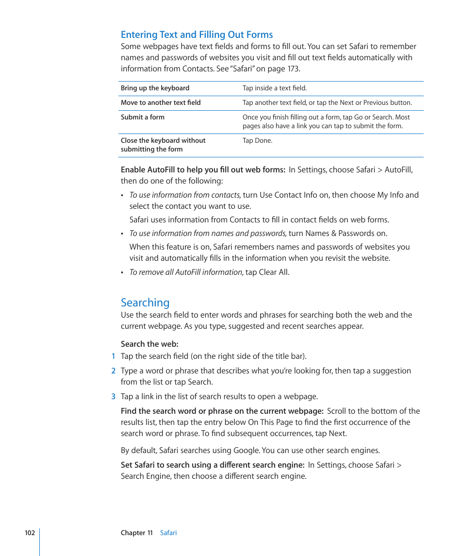 Searching, 102 searching, Entering text and filling out forms | Apple iPod touch iOS 4.3 User Manual | Page 102 / 230
