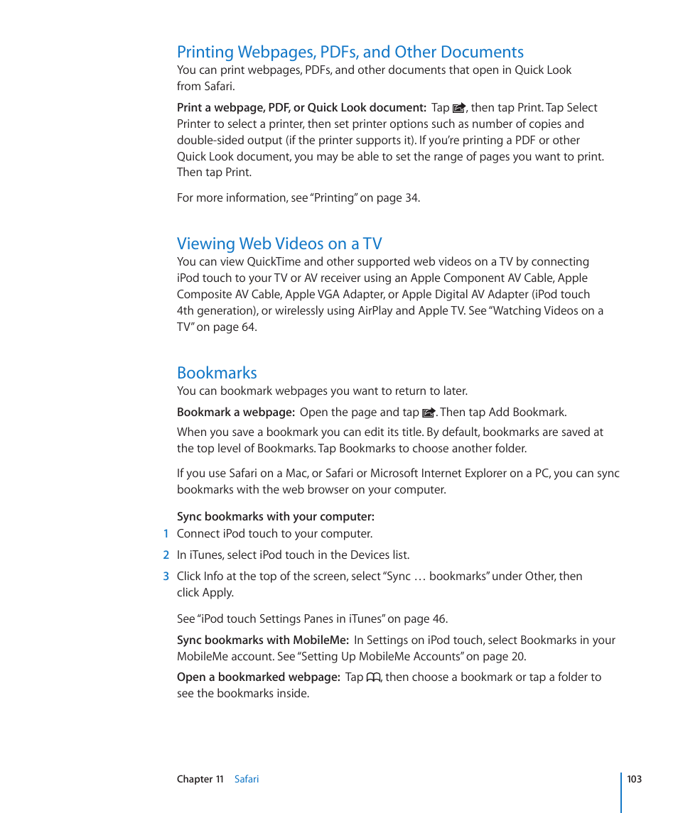 Viewing web videos on a tv, Bookmarks, Printing webpages, pdfs, and other documents | Apple iPod touch iOS 4.3 User Manual | Page 103 / 230